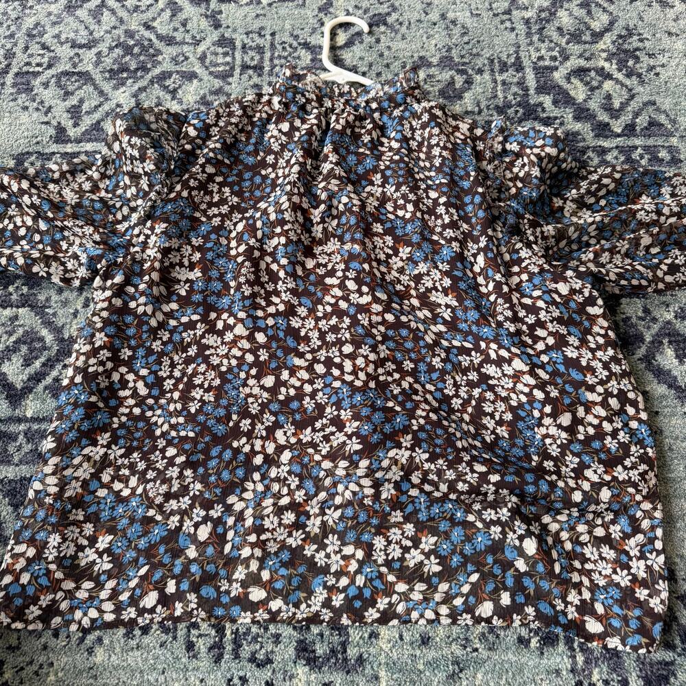 Mango Brown Blue & White Floral Ruffled Long Sleeve Blouse Preppy Summer | Sz 4 - Picture 5 of 12
